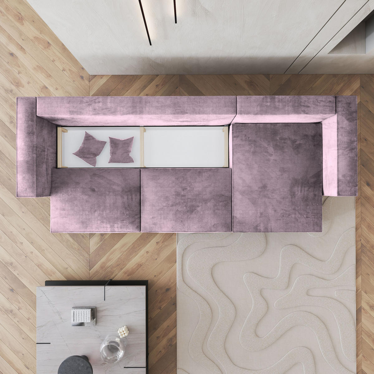 ECKSOFA TOLMO M Lila Velours-Stoff mit Schlaffunktion - Lila, Holz (347/148cm) - MASSENO