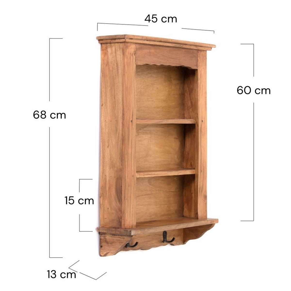 WANDREGAL Country Mahagoni Massivholz, 3 Ebenen, 4 Haken naturfarben - Naturfarben, Holz (45/68/13cm) - DESIGN DELIGHTS