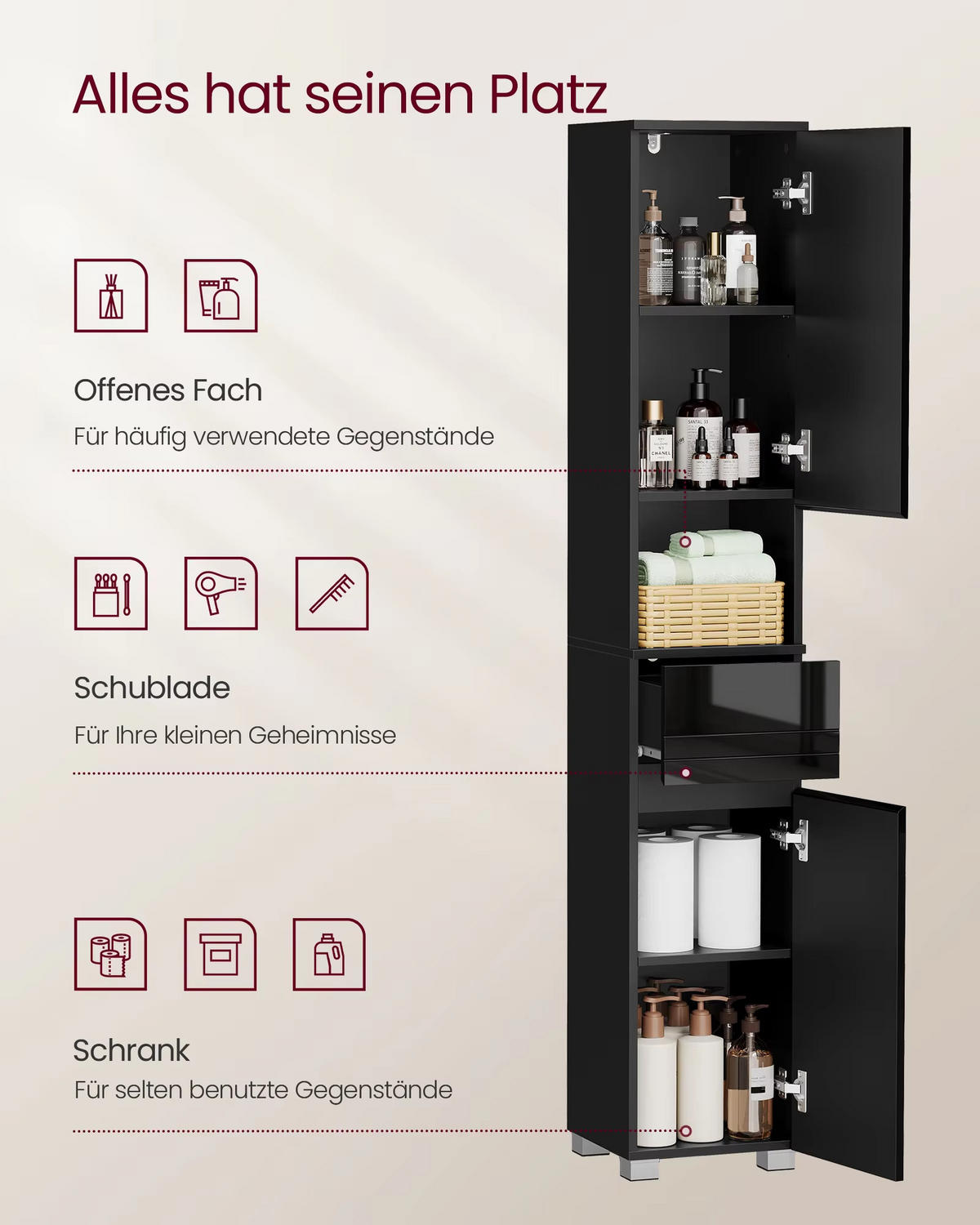 HOCHSCHRANK 30/170/30 cm offenes Fach Schublade Badschrank - Schwarz, Holz (30/170/30cm) - Coonoor