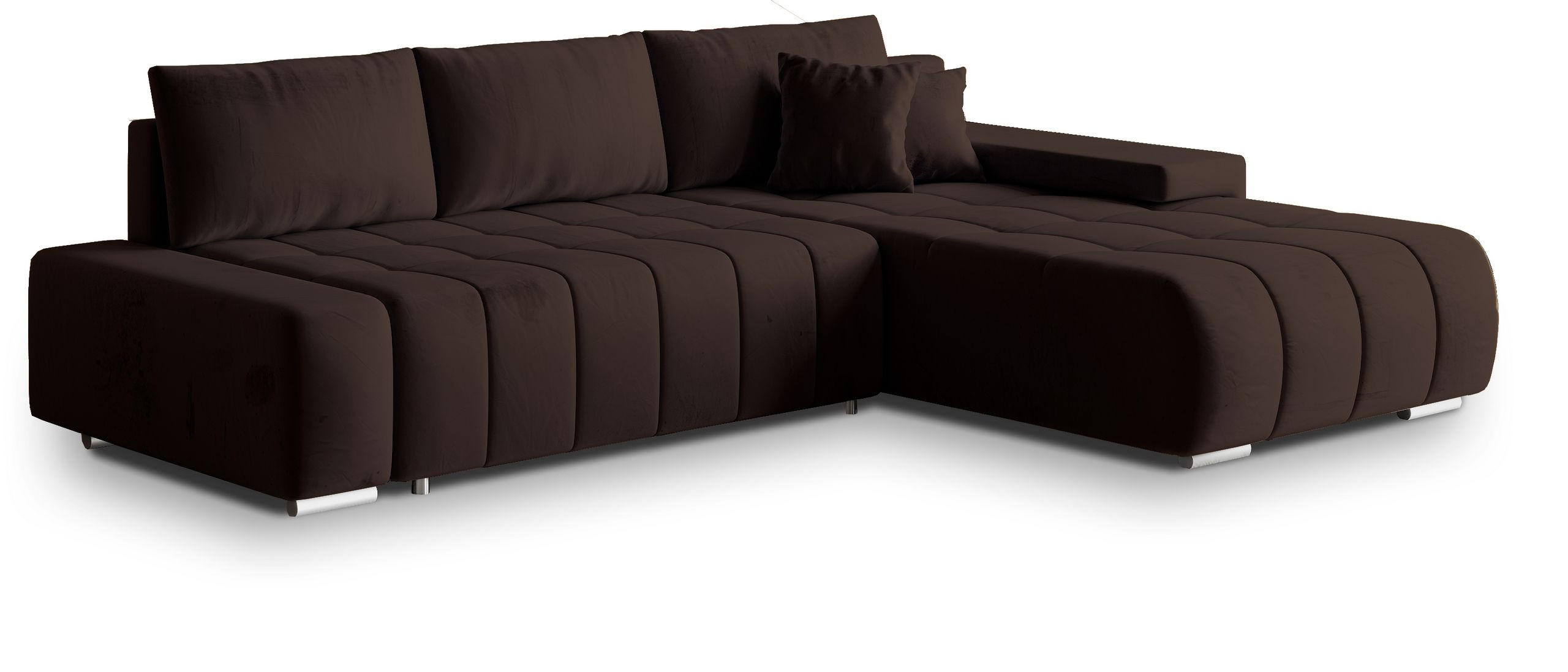 ECKSOFA ALESE R-S Braun Velours-Stoff mit Schlaffunktion - Braun, Holz (265/185cm) - MASSENO