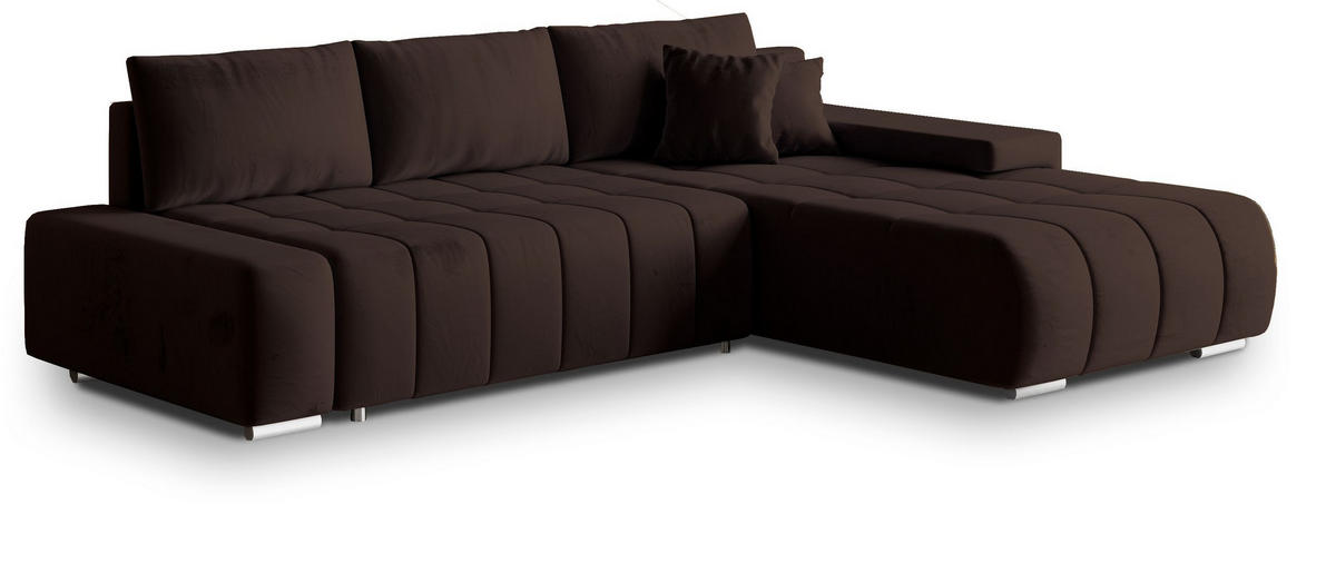 ECKSOFA ALESE R-S Braun Velours-Stoff mit Schlaffunktion - Braun, Holz (265/185cm) - MASSENO