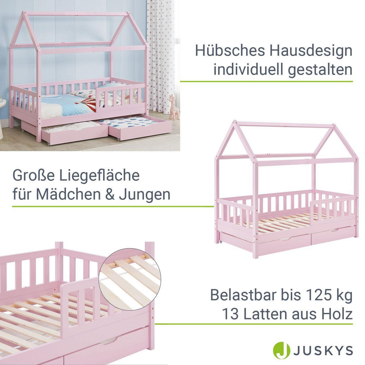 KINDERBETT Marli mit Matratze und Bettkasten rosa 90x200 cm - Rosa, Holz (90/200cm) - Juskys