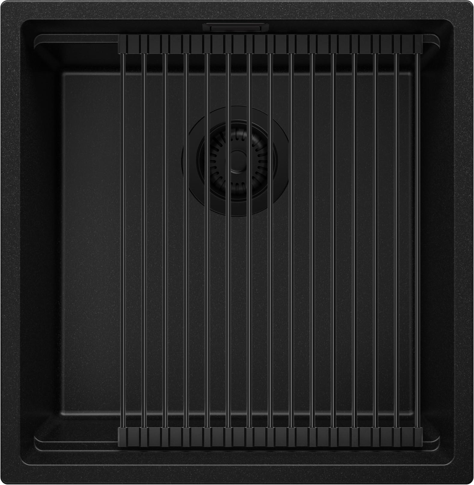 UNTERBAUSPÜLE GRANIT Praga, 2-er set Alles Schwarz 46/47 cm 1 Becken + Ablauf-Set + Aufrollbare Abtropffläche ab 50er Unterschrank - Schwarz, Kunststoff (46/20/47cm) - Primagran