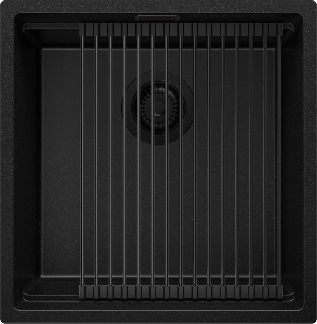 UNTERBAUSPÜLE GRANIT Praga, 2-er set Alles Schwarz 46/47 cm 1 Becken + Ablauf-Set + Aufrollbare Abtropffläche ab 50er Unterschrank - Schwarz, Kunststoff (46/20/47cm) - Primagran