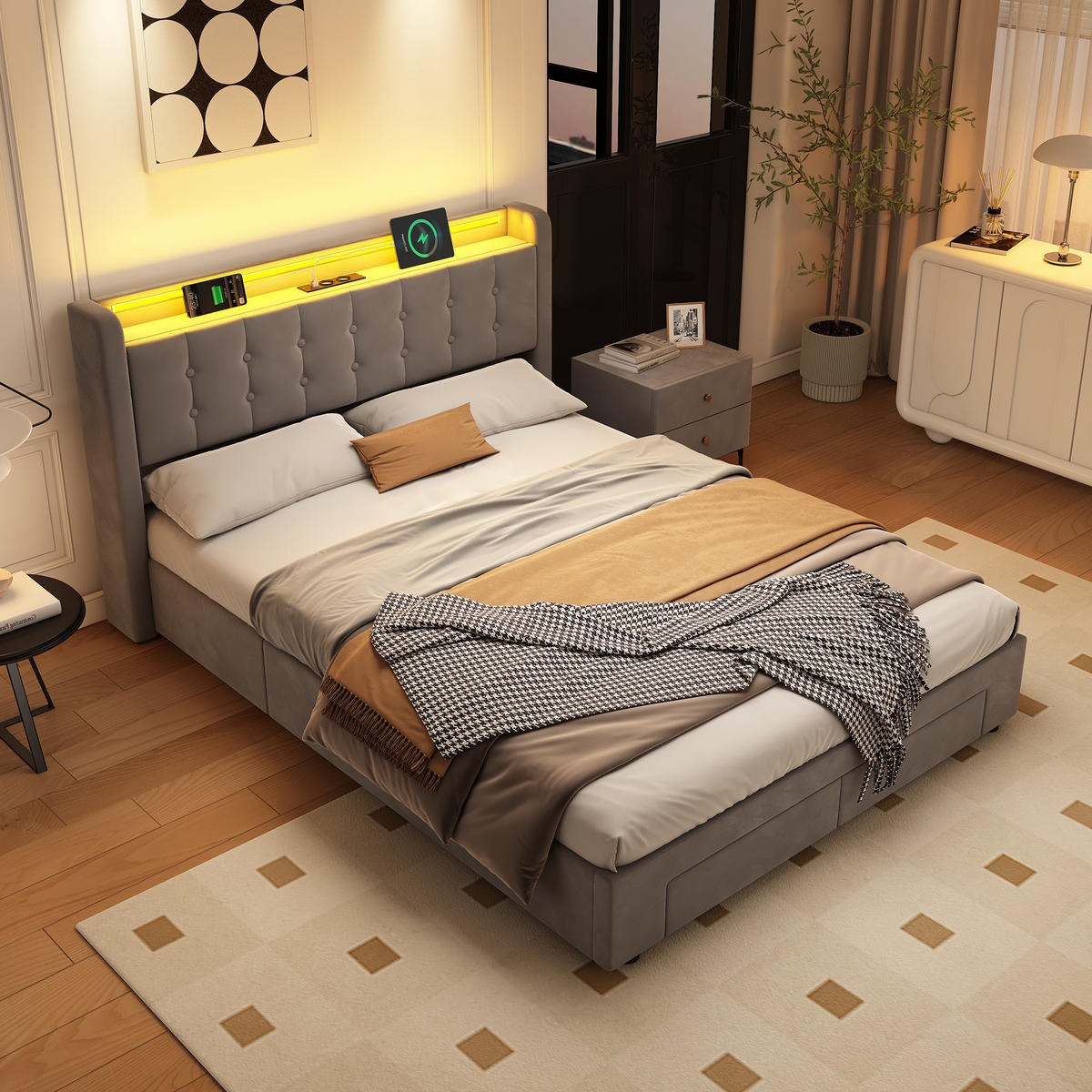 POLSTERBETT 140/190 cm in Dunkelgrau Samt mit Bettkasten, Schubladen und USB/LED-Beleuchtung - Dunkelgrau, Holzwerkstoff/Textil (140/190cm) - CHICFURN