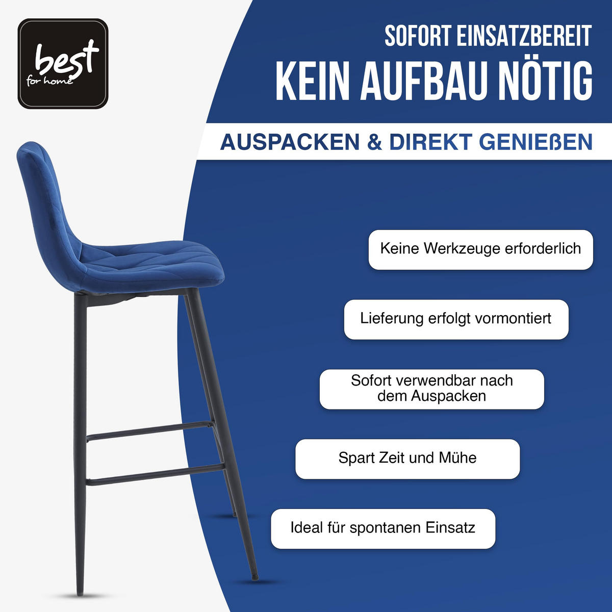 BARHOCKER 4er Set Marineblaues Velours, Gepolsterte Rückenlehne, Bequem Und Modernes Design Für Die Küche Oder Die Theke - Blau, Textil (46/104/33cm) - Best For Home