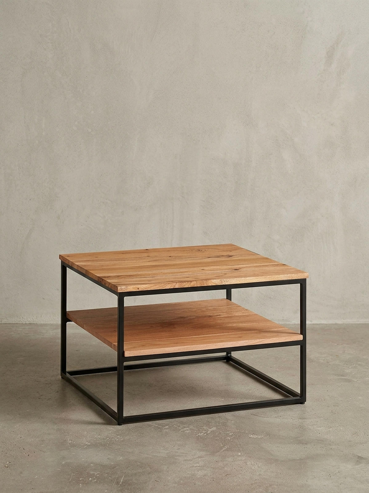 COUCHTISCH Industrial, Akazienholz mit Metallbeinen, zwei Ablageflächen - Beige/Schwarz, Holz/Metall (60/60/41cm) - KADIMA DESIGN