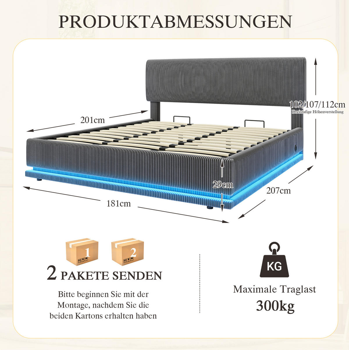 POLSTERBETT mit Stauraum, LED und USB-C 180x200 cm Cord Dark Gray - Dunkelgrau, Metall (180/200cm) - Meubliv