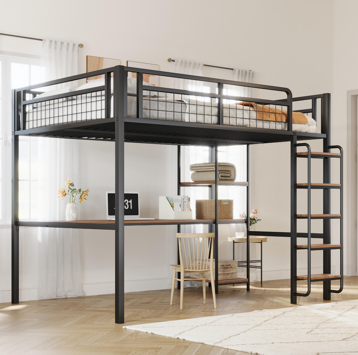 HOCHBETT mit Schreibtisch 140/200 cm in Schwarz – mit Regal, Leiter und Rausfallschutz - Schwarz, Metall (140/200cm) - BEAOK