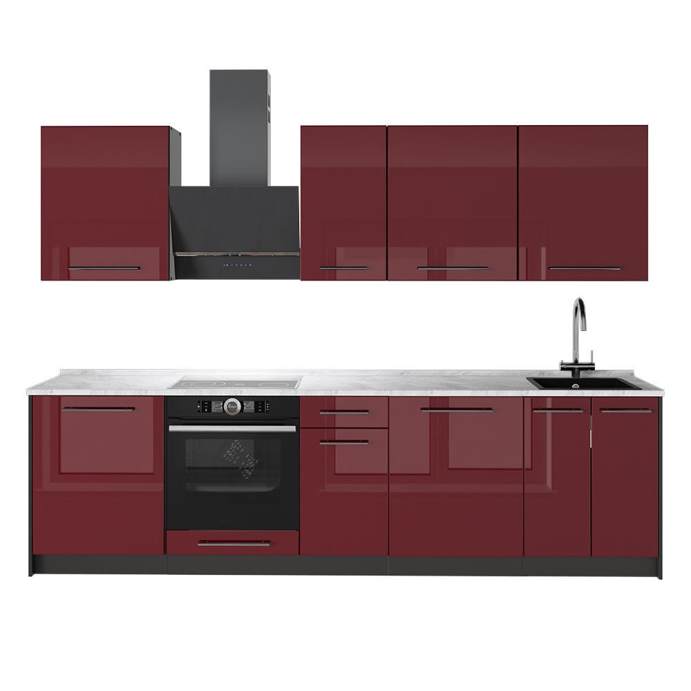 KÜCHENZEILE Fame-Line, Bordeaux Hochglanz/Anthrazit, 280 cm, AP Marmor - Bordeaux/Anthrazit, Holzwerkstoff (280/206.8/60cm) - Vicco