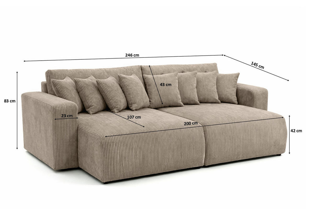 SCHLAFSOFA, Cordstoff Poso, Dunkelbeige, PIANO DOUBLE - Beige, Holz (246/83/145cm) - Kaiser Möbel