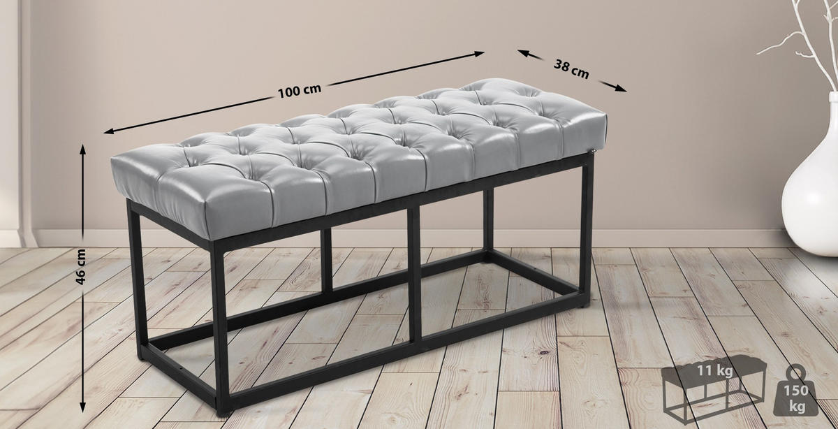 SITZBANK 100/38 cm Kunstleder grau - Schwarz/Grau, Textil/Metall (100/46/38cm) - CLP