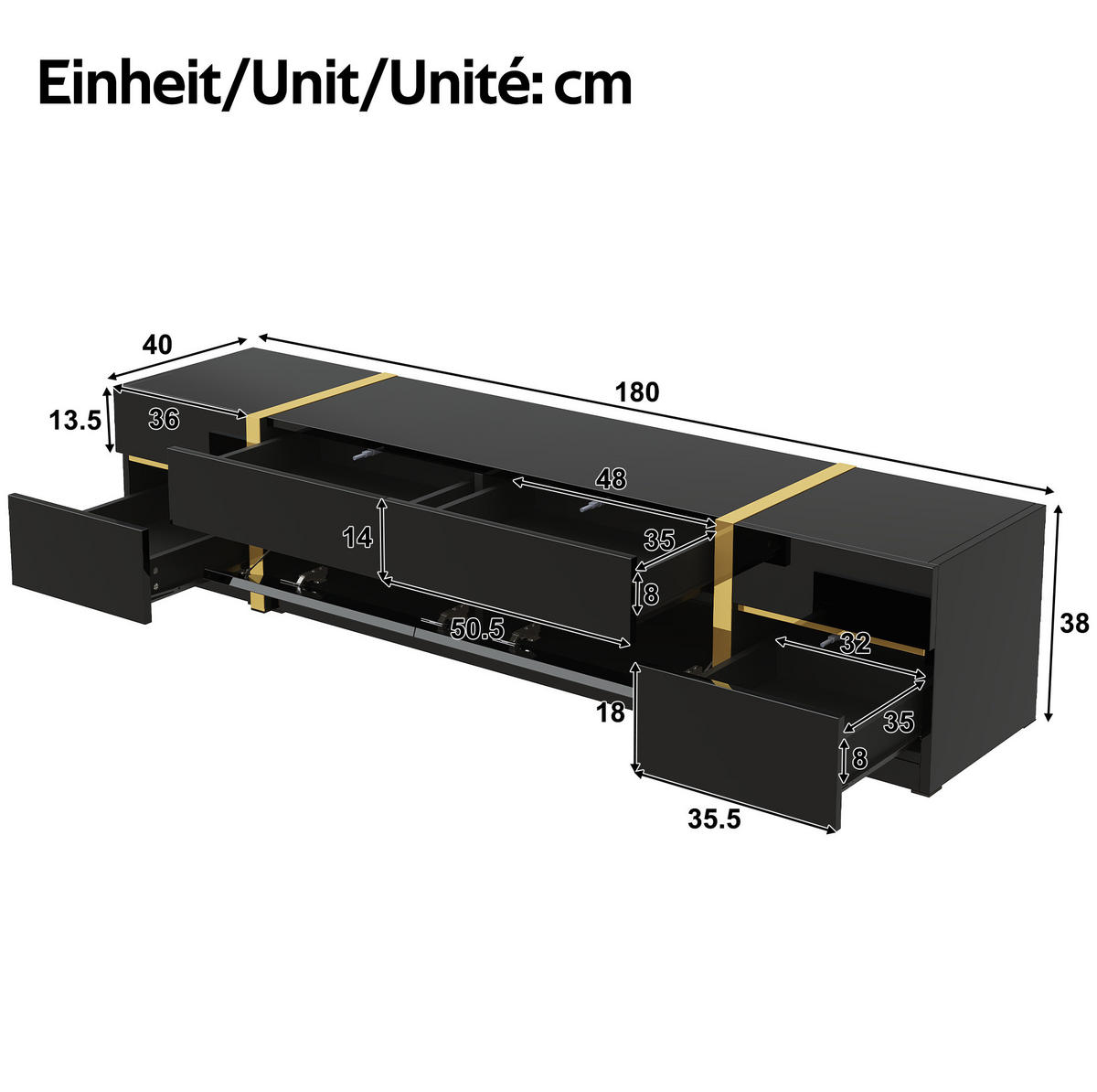 TV-LOWBOARD 180/40/38 cm mit 4 Schubladen und 2 Türen in Schwarz - Schwarz, Holzwerkstoff (180/38/40cm) - BEAOK