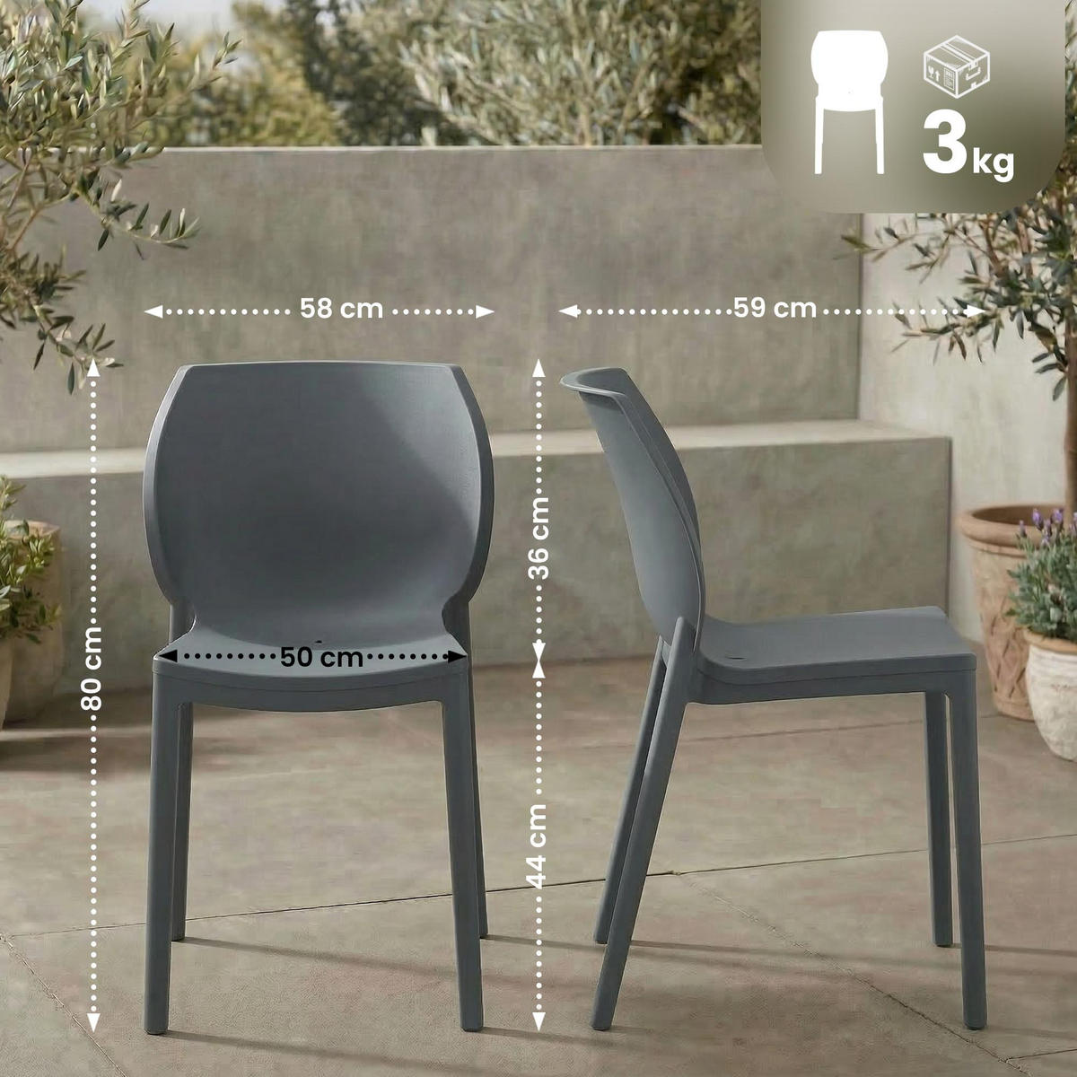 GARTENSTUHL 6 Kunststoff Dunkelgrau - Dunkelgrau, Kunststoff (58/80/59cm) - CLP