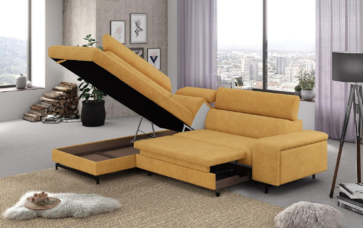 ECKSOFA mit Schlaffunktion und Bettkasten - Gelb/Schwarz, Kunststoff/Textil (262/215cm) - Cotta