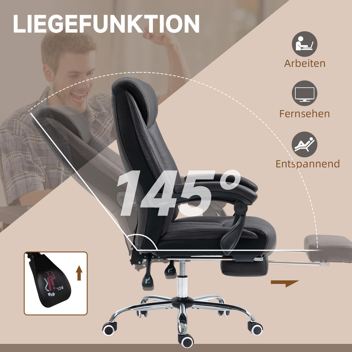 BÜROSTUHL höhenverstellbarer Computerstuhl neigebarer Drehstuhl für Büro Schwarz - Schwarz, Textil (70/119/66cm) - HOMCOM