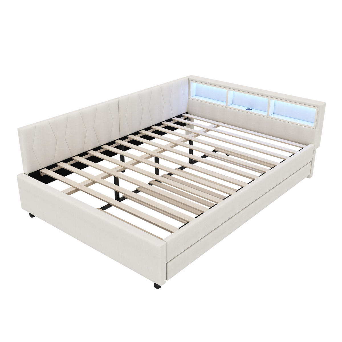 DENNÍ postel 140/200 cm béžová z lnu a MDF s USB-C nabíjením, LED světlem a úložným čelem - béžová, textil (140/200cm) - OKWISH