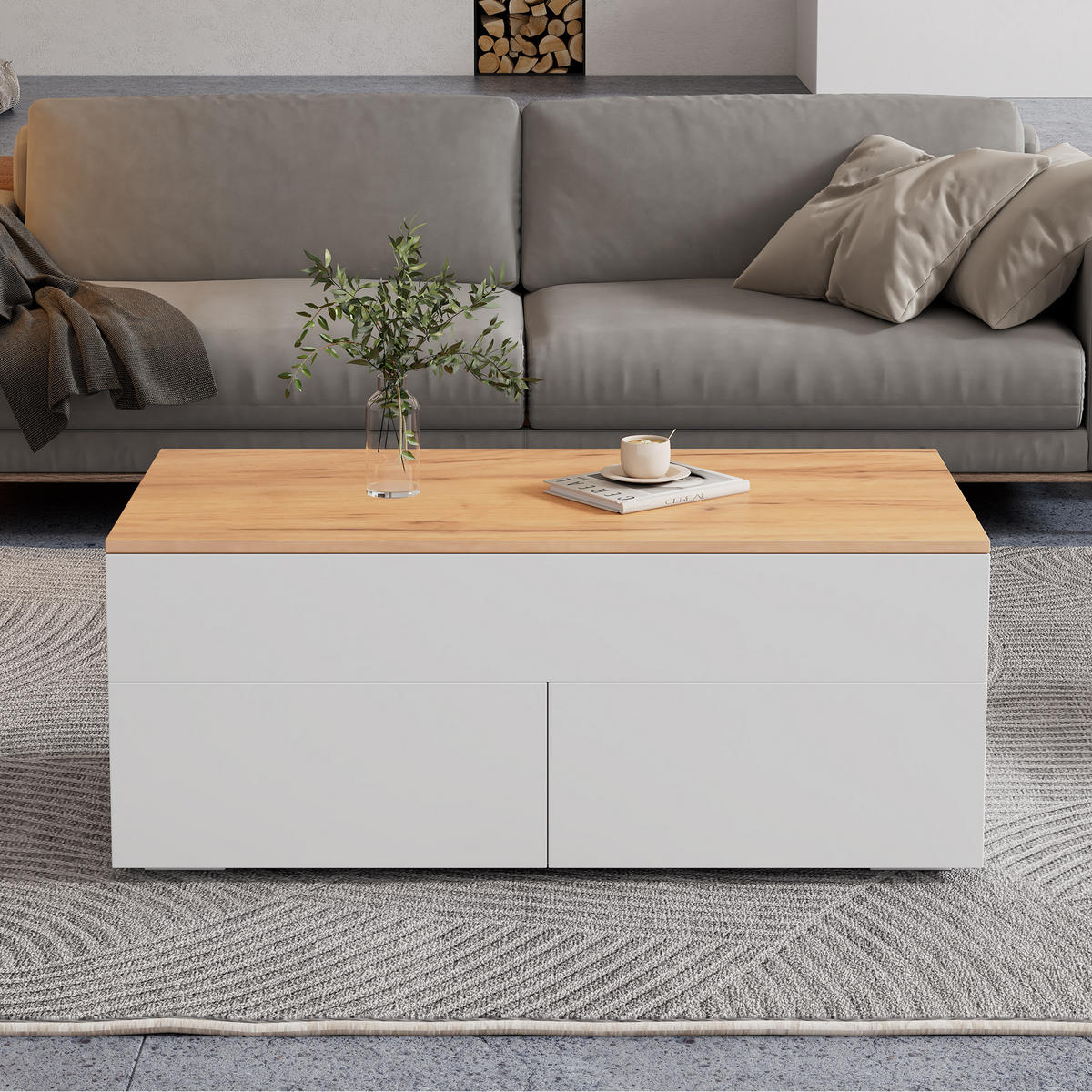 COUCHTISCH 100/50/40 cm Weiß Holzoptik höhenverstellbar mit 2 Schubladen und Stauraum - Weiß, Holzwerkstoff (100/50/40cm) - OKWISH