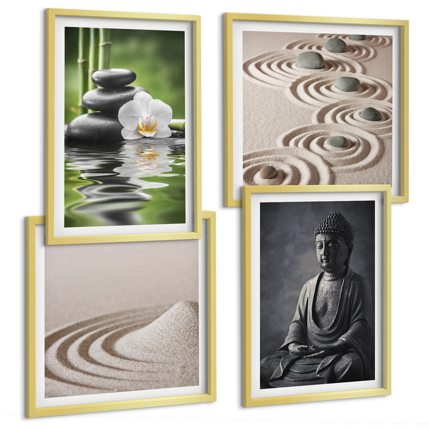 BILDER SET 4er Set - 50x50 cm & 40x60 cm Goldrahmen - Ein entspannter Buddha am Strand - Goldfarben, Kunststoff (50/50cm) - TULUP