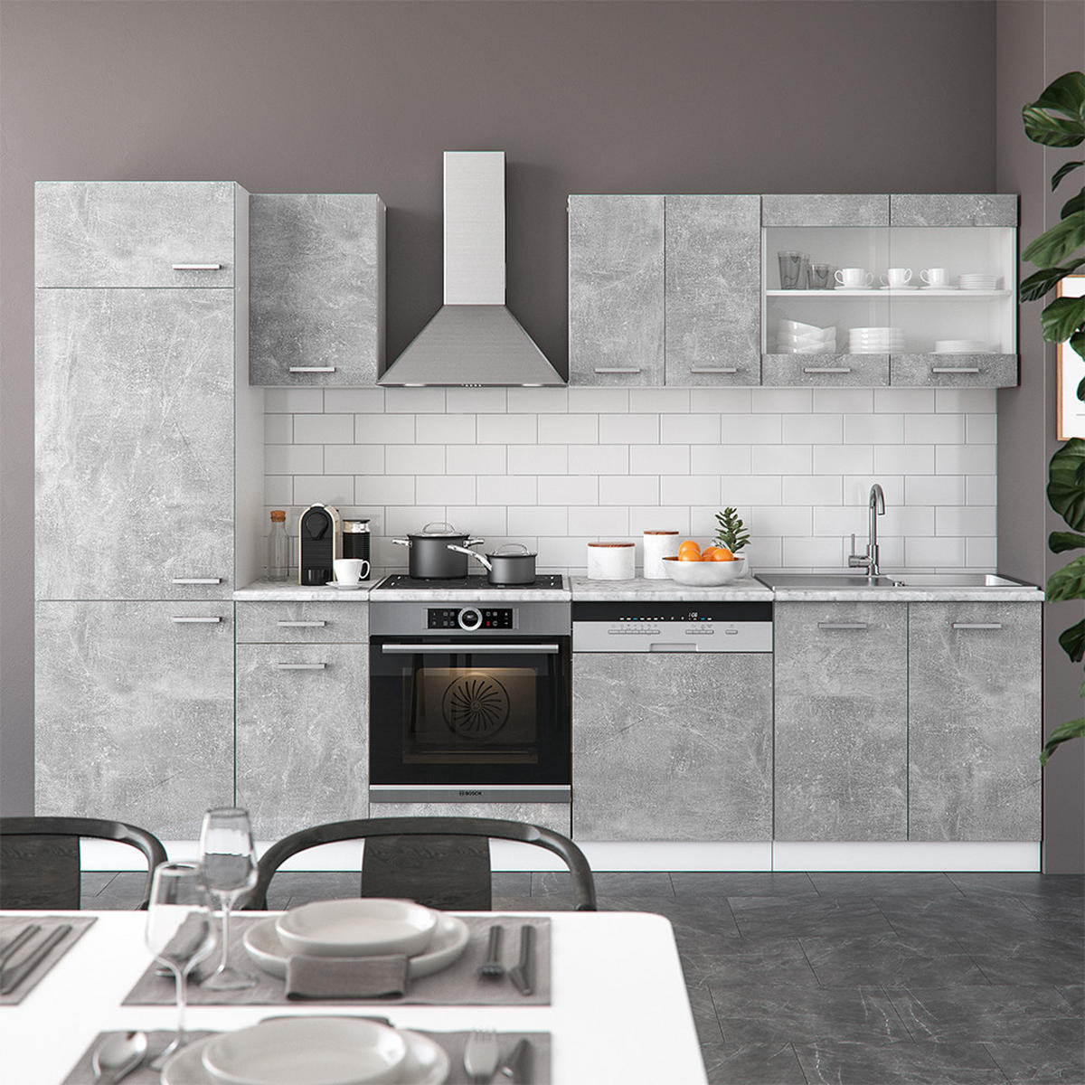 KÜCHENZEILE R-Line Beton/Weiß 300 cm, AP Anthrazit - Schieferfarben/Weiß, Holzwerkstoff (300/81.6/60cm) - Vicco