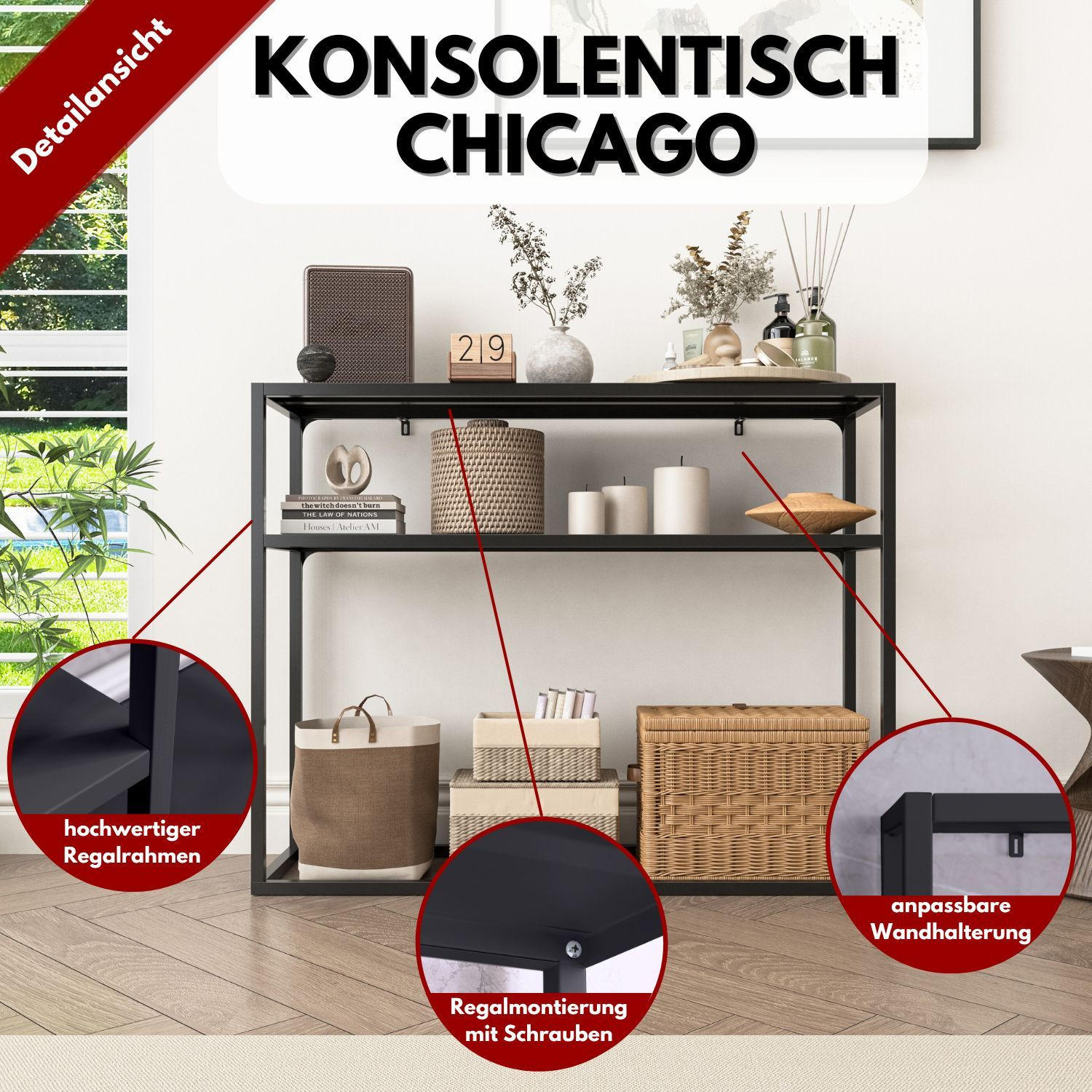 KONSOLENTISCH CHICAGO Metall Schwarz 100/34/80 cm - Schwarz, Metall (100/34/80cm) - Coemo