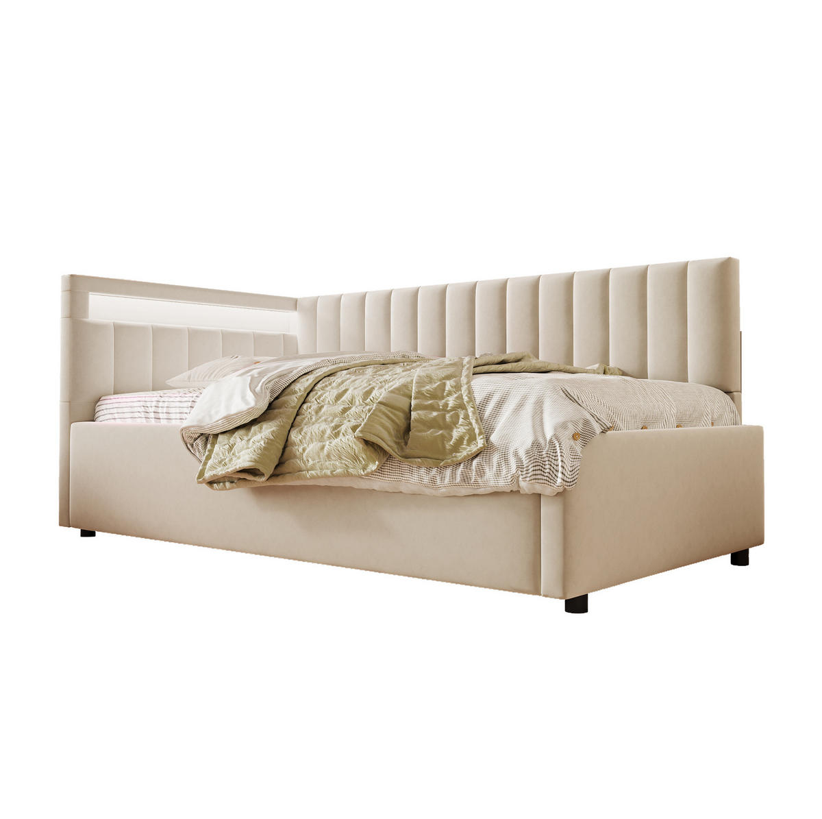 POLSTERBETT 90/200 cm Beige mit LED-Beleuchtung und Stauraum - Beige, Textil (90/200cm) - Flora Grace