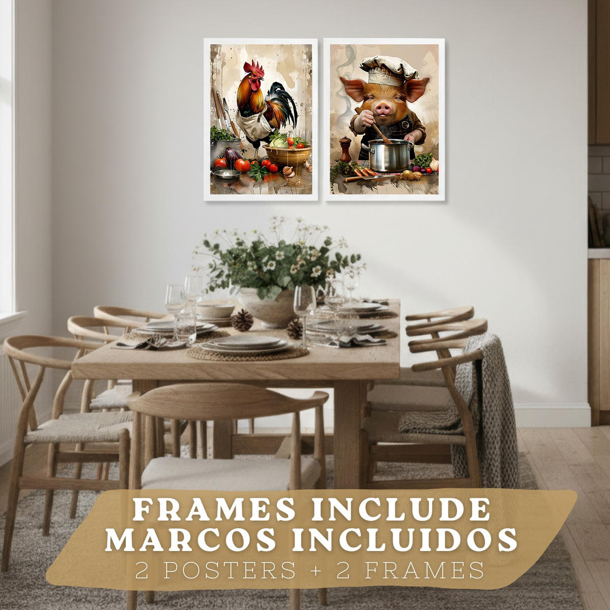 PLAKAT Sada 2 Animal Chef A3 Bílý rám - bílá, papír (29.7/1/42cm) - Nacnic