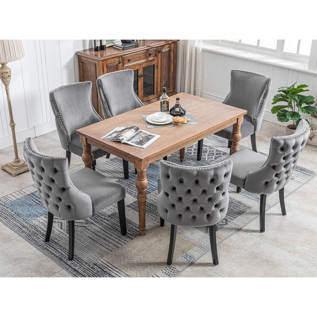 STUHL-SET DE-36936 6 Stück mit Samtbezug und Knopfsteppung Grau - Grau, Holz (45/91/50cm) - ComfortXL