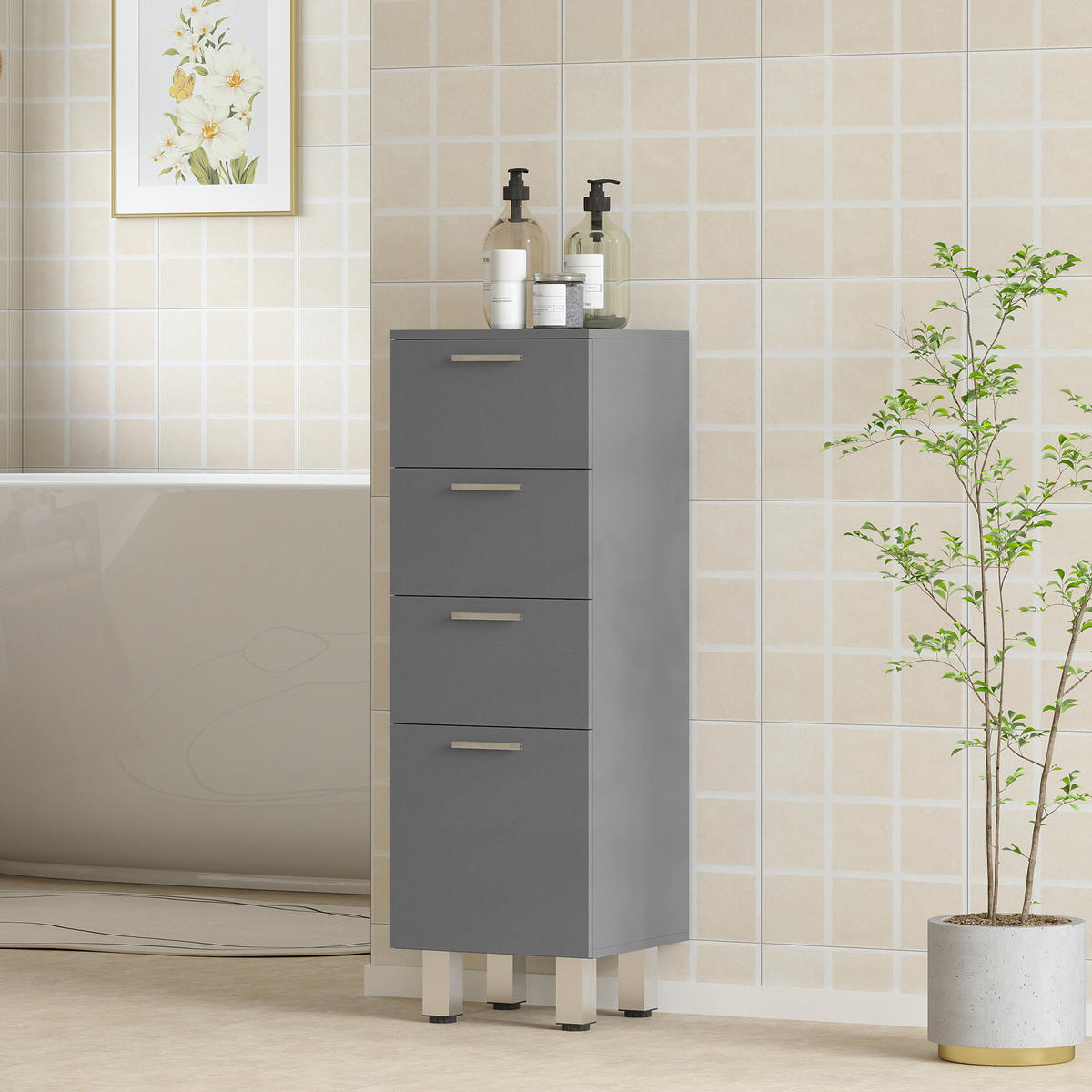 BADEZIMMERSCHRANK Spanplatte Grau - Silberfarben/Grau, Holzwerkstoff/Kunststoff (30/93/30cm) - Kleankin