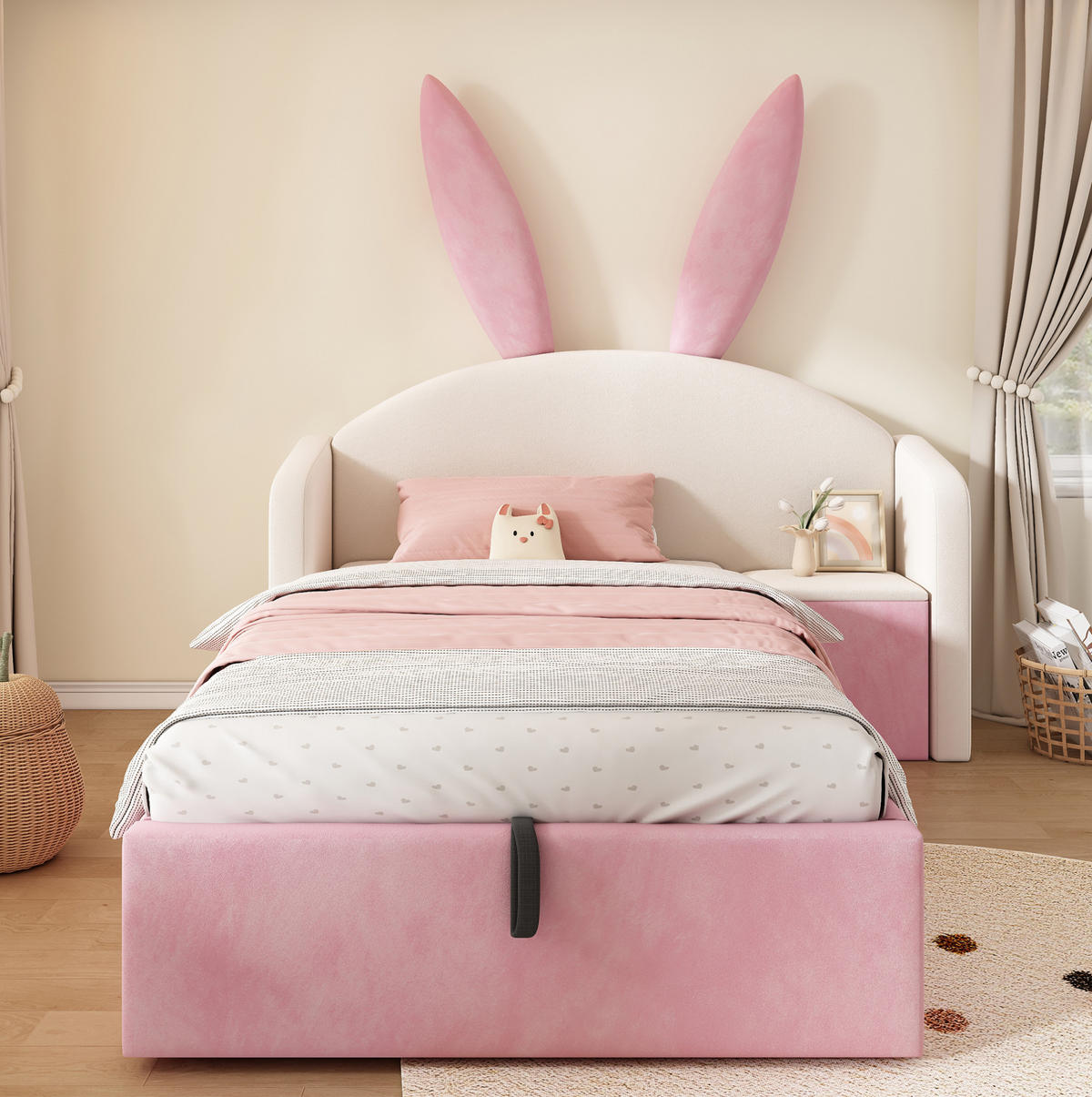 KINDERBETT mit Bettkasten und Nachttisch 90x190 cm Samt Beige und Rosa - Rosa, Metall (90/190cm) - Beauniv