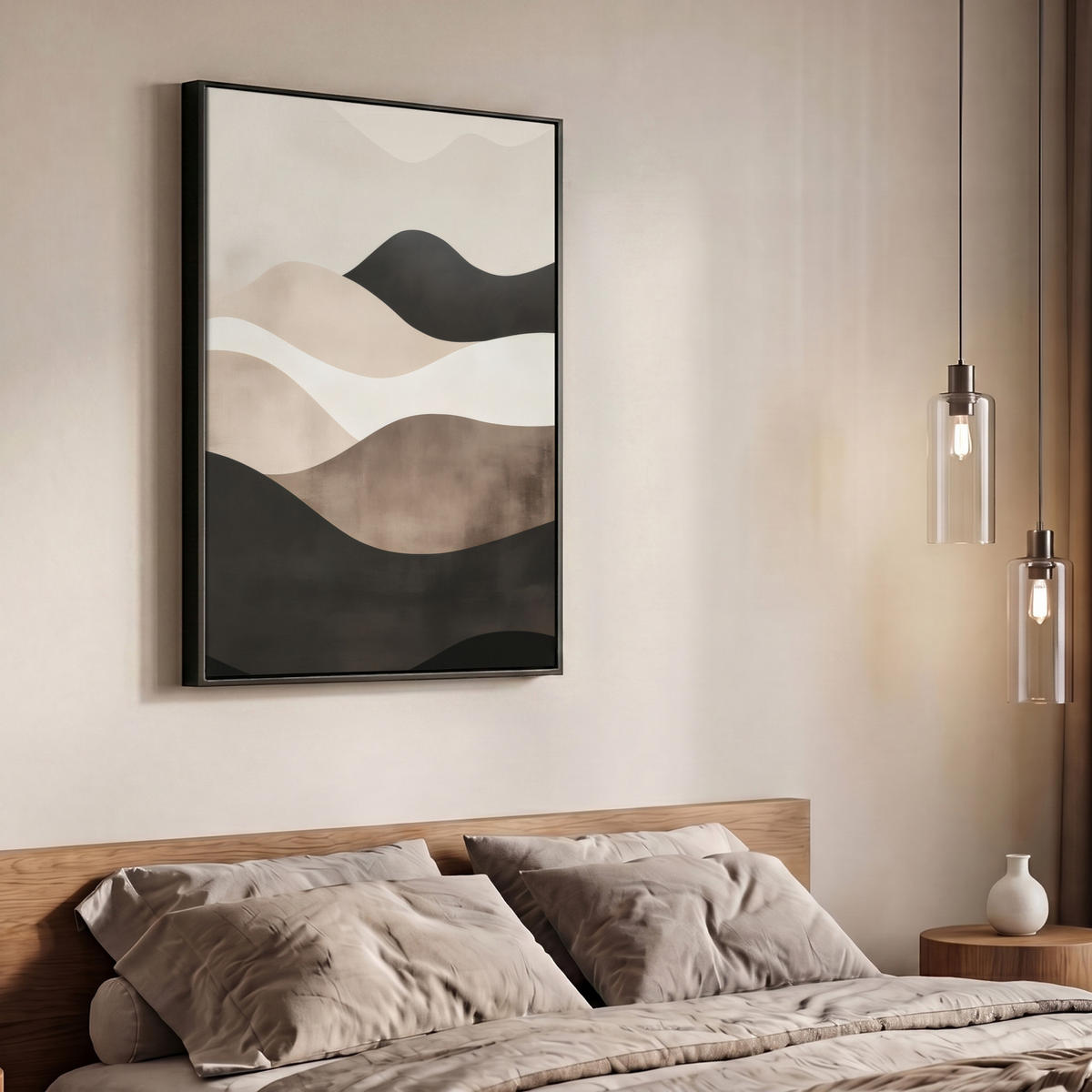 LEINWAND Bilder mit Rahmen - Abstrakt - Landschaft - Wellen - Cremefarben - 70x100 - Cappuccino, Textil (70/100cm) - MuchoWow