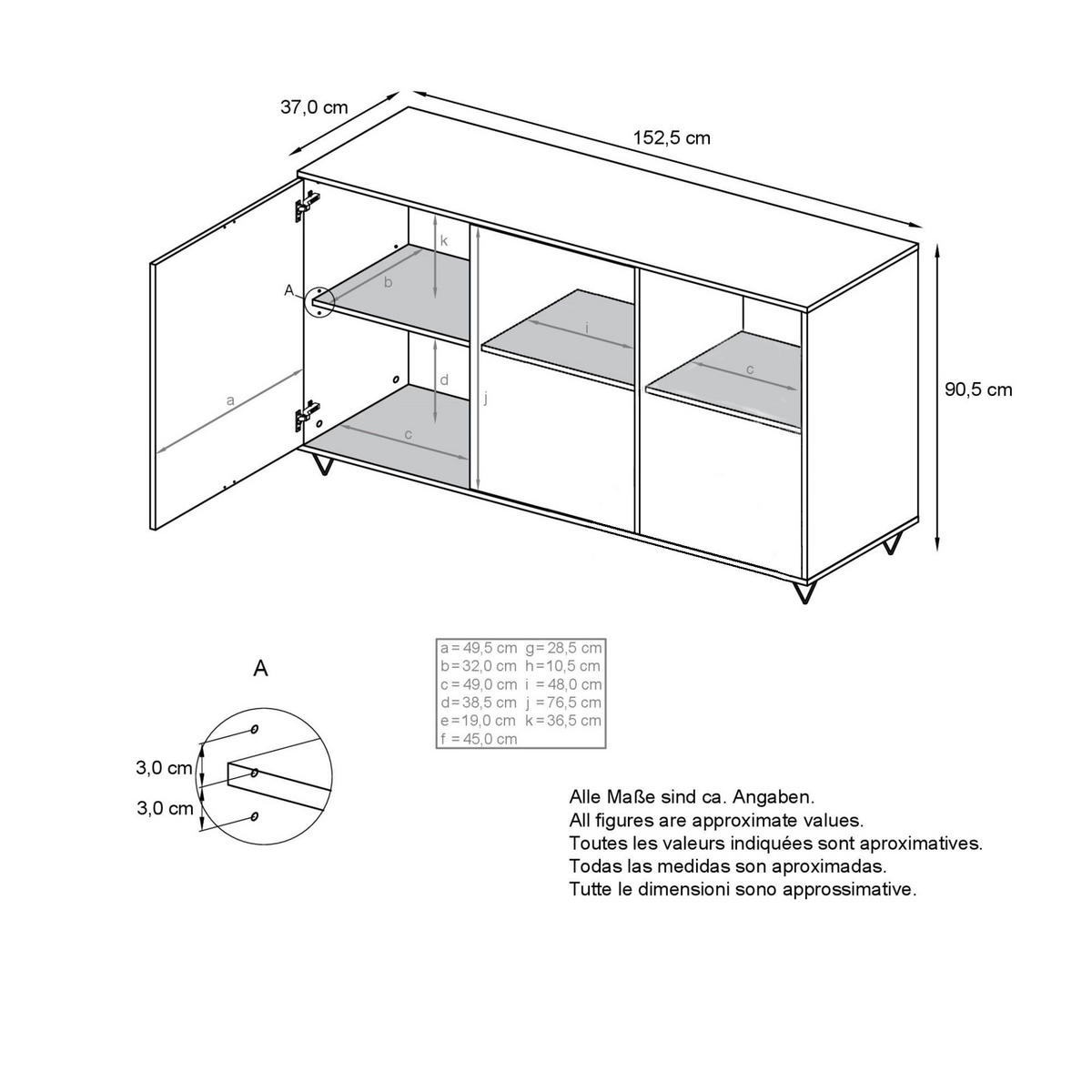 SIDEBOARD Elisa, Kommode mit Push-to-Open, Made in Germany, Moderner Schrank, Eiche Evoke/Weiß matt (152,5 x 90,5 x 37 cm) - Weiß, Holzwerkstoff (152.5/90.5/37cm) - InnoFurn