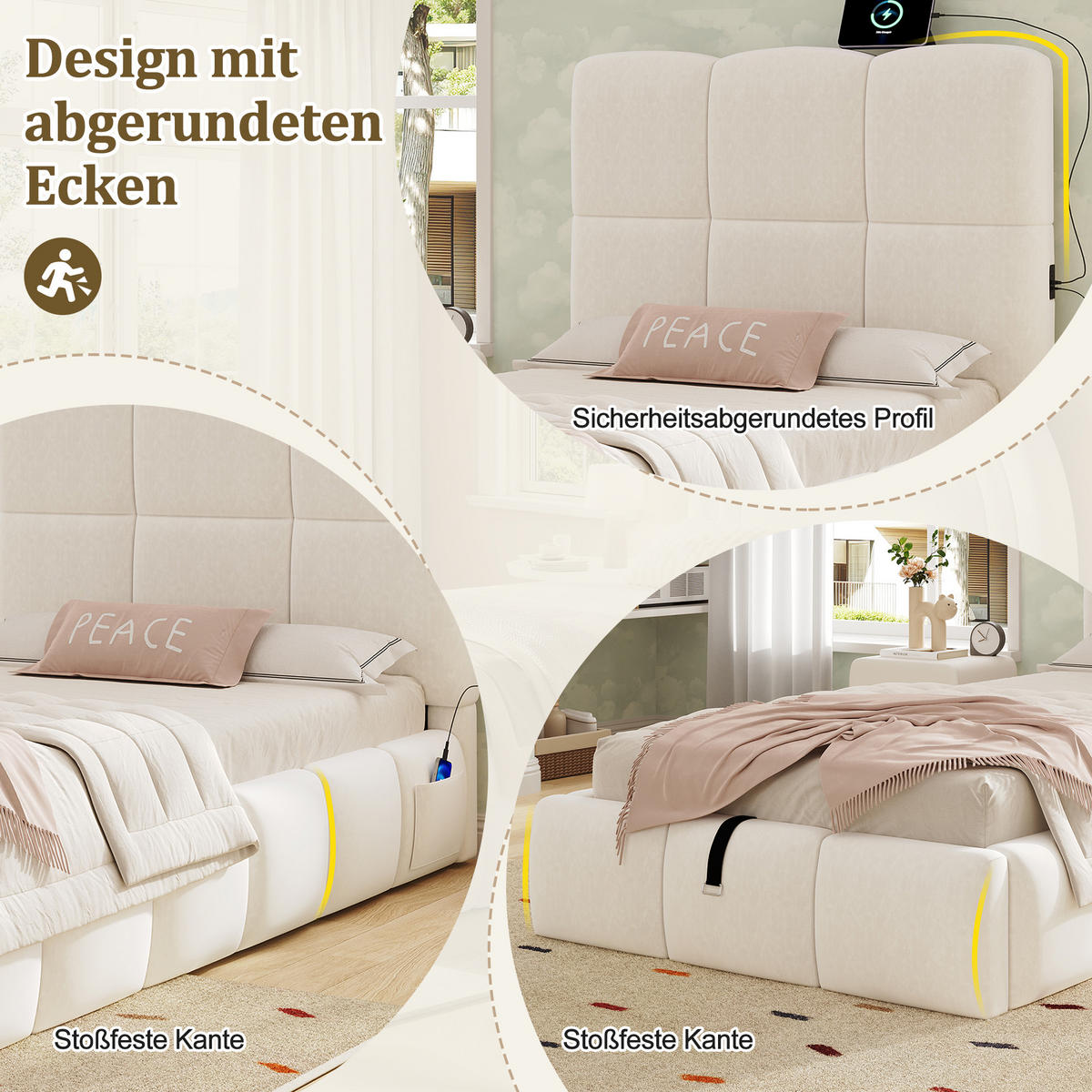 KINDERBETT 90/200 cm in Beige Samt mit Stauraum und USB - Beige, Holzwerkstoff/Textil (90/200cm) - WISHDOR
