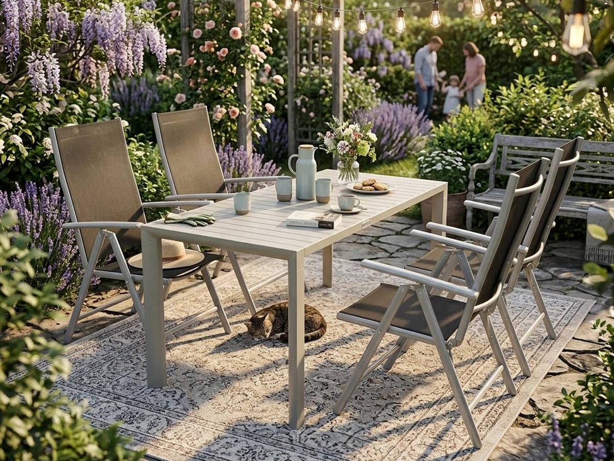 GARTEN-GARNITUR Sunderland - 5-teilige Garten-Essgruppe (4x Klappsessel mit Aluminiumgestell grau, Bespannung Textilene schwarz - Schwarz, Metall - TPFGarden
