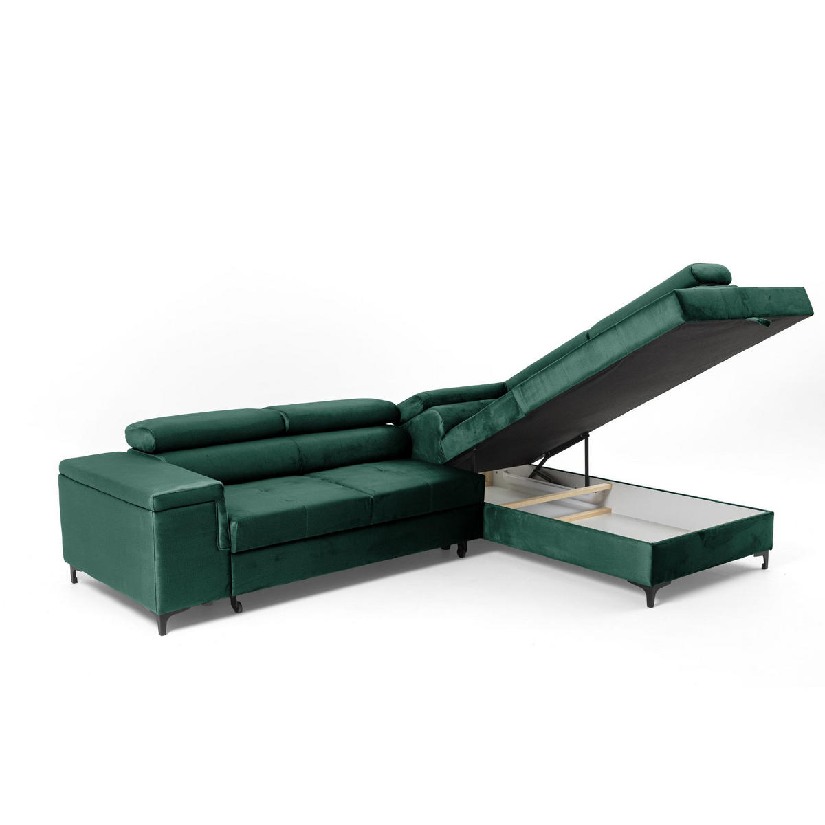ECKSOFA WILLIAM L Rechts mit Schlaffunktion 127x195 Velours Grün - Silberfarben/Grün, Holz/Textil (203/275cm) - Muffo