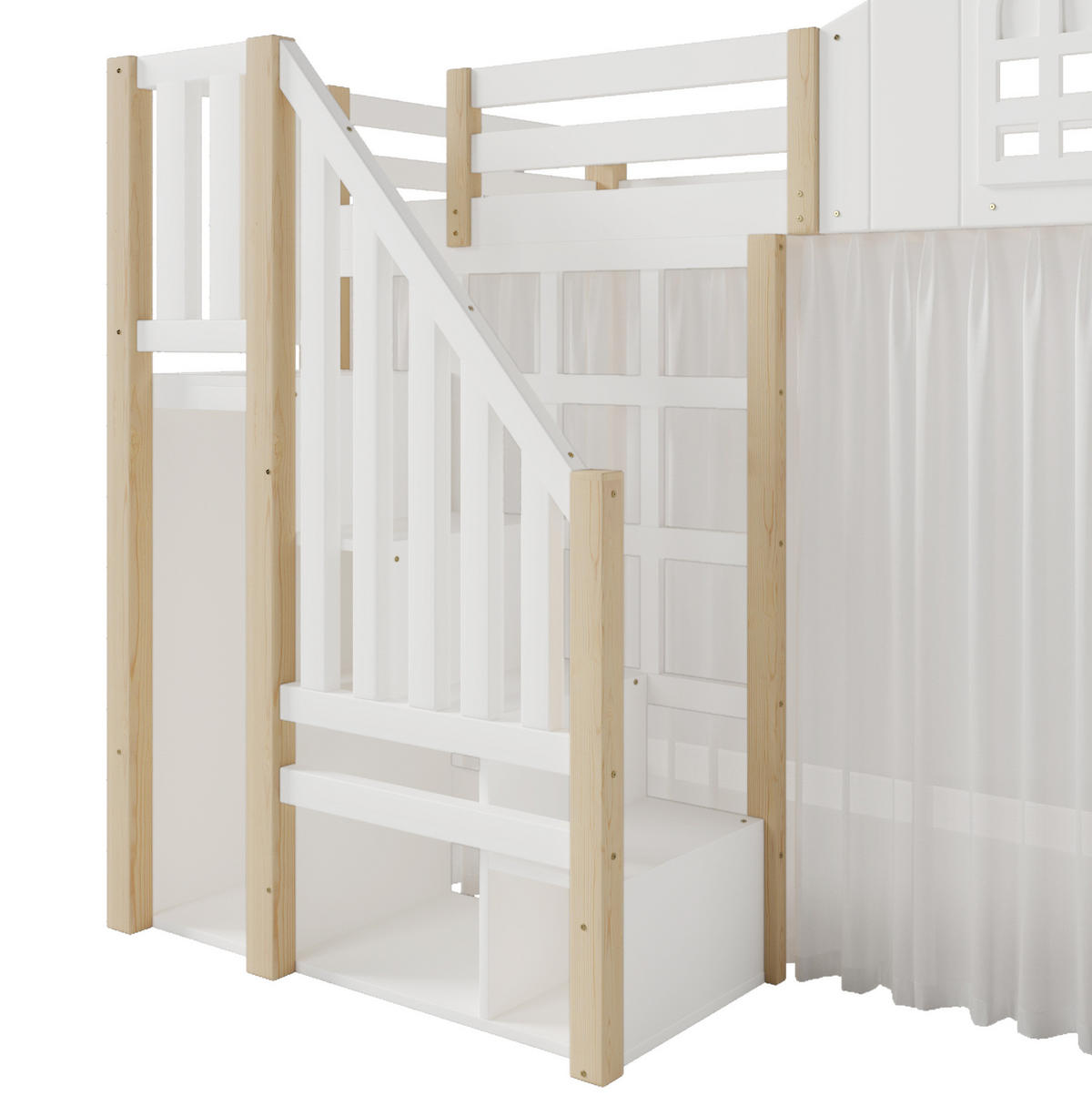 HOCHBETT 90/200 cm mit LED-Beleuchtung, Ablageleiter, offenem Staufach und Gaze aus Kiefernholz, Weiß/Natur - Weiß, Holz (90/200cm) - Redom