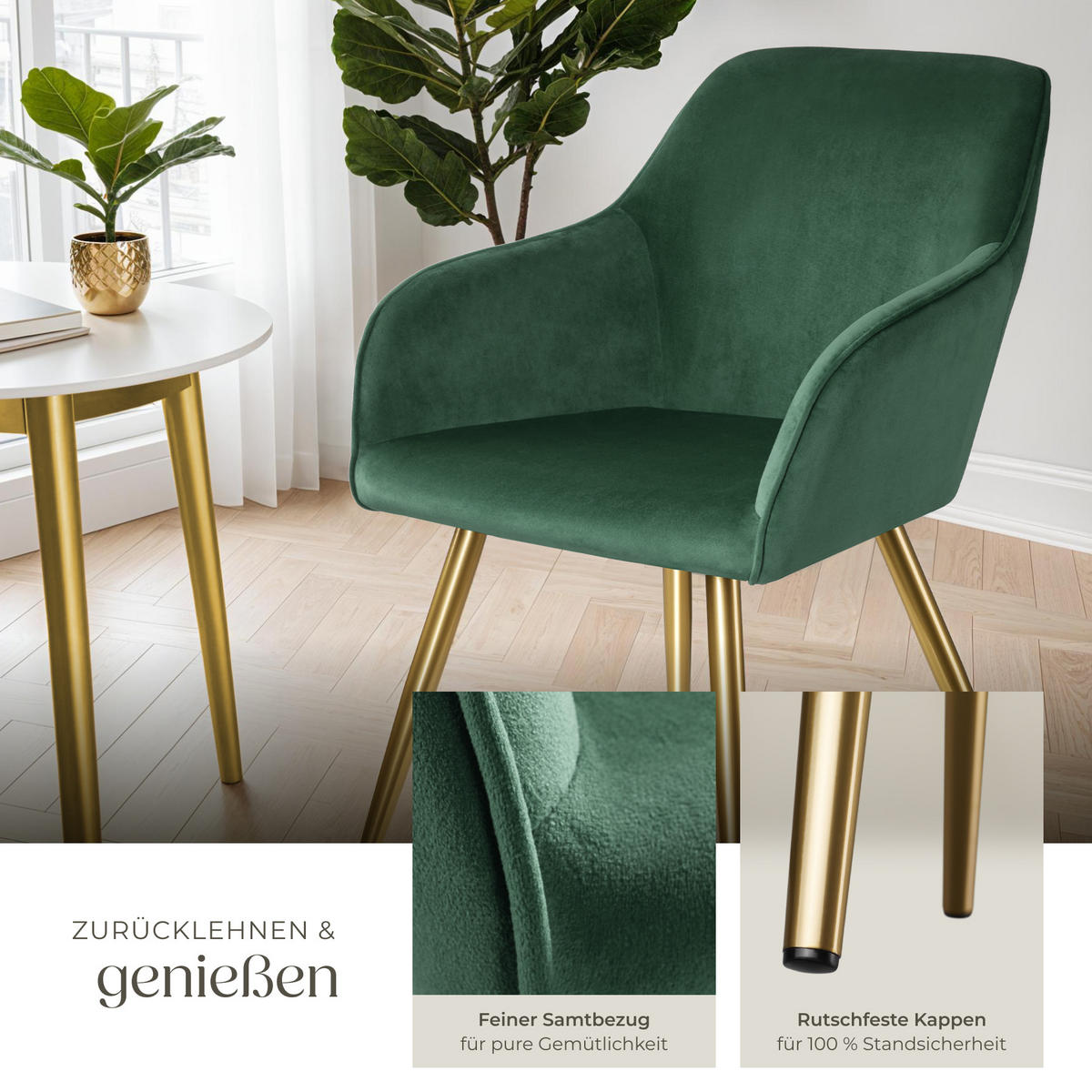 ESSZIMMERSTUHL 2er Set Marilyn 58 x 62 x 82 cm dunkelgrün/gold - Dunkelgrün/Goldfarben, Textil (58/82/62cm) - tectake