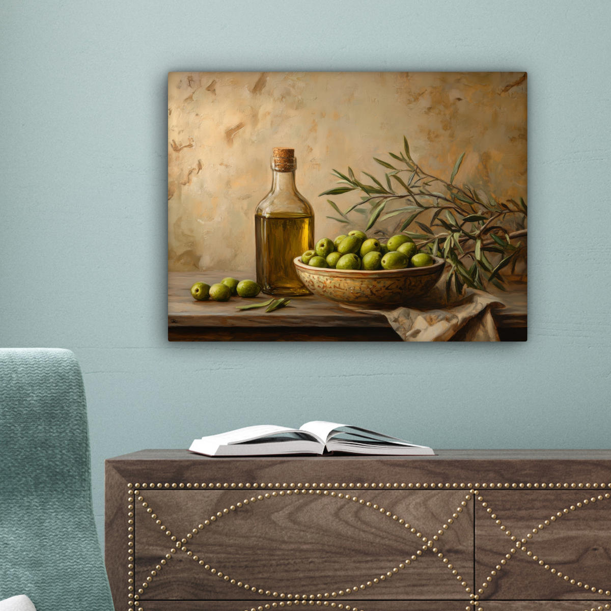 LEINWANDBILD Oliven - Stilleben - Vintage Wandbild 40x30 cm - Olivgrün, Textil (40/30cm) - MuchoWow