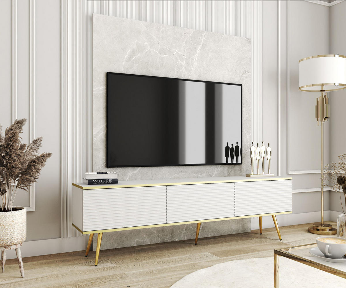 TV-SCHRANK Oris Weiß matt mit goldenen Beinen Glamour Style 175 cm - Goldfarben/Weiß, Holzwerkstoff/Metall (175/53/32cm) - Meble Lindner
