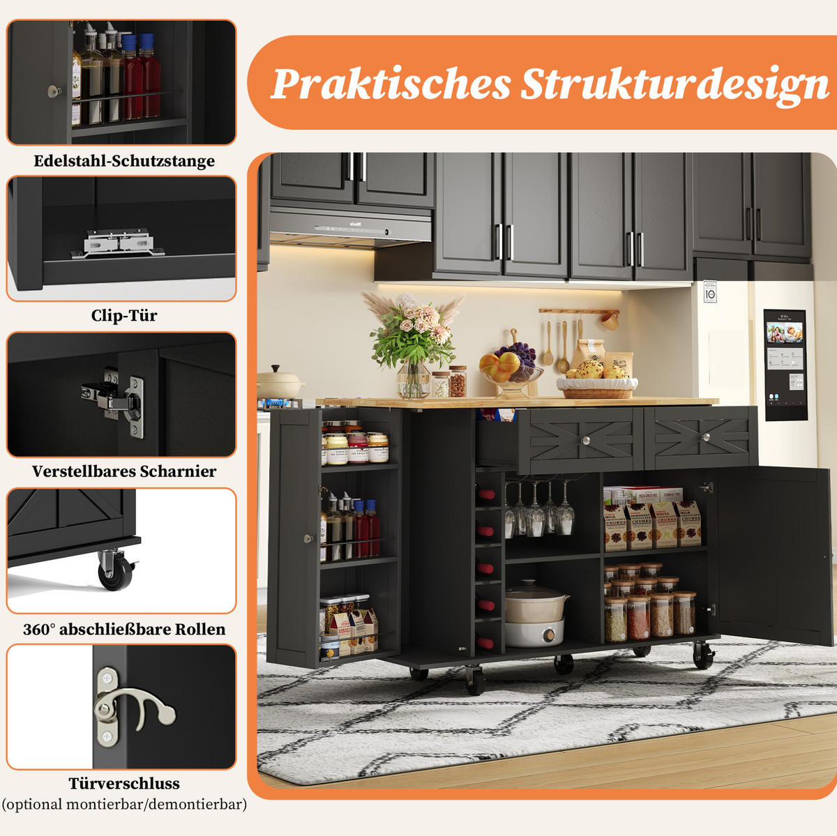 KÜCHENINSEL 120/45-70/89 cm aus MDF mit klappbarer Arbeitsplatte Schwarz - Schwarz, Holzwerkstoff (120/89/70cm) - Modenvie