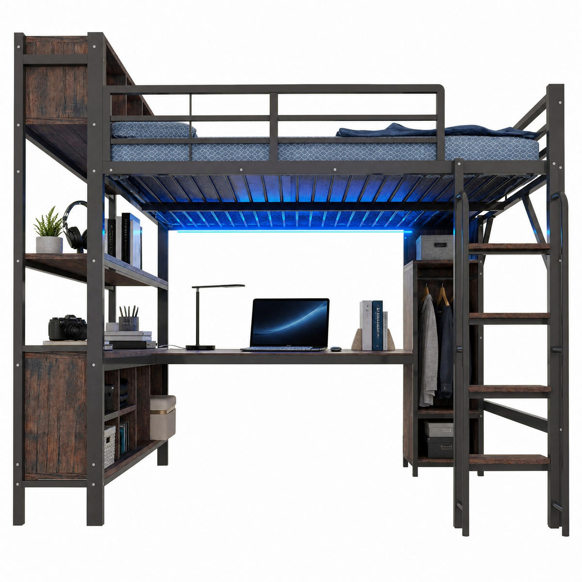 HOCHBETT 140/200 cm in Schwarz mit Schreibtisch, Kleiderschrank, Ablagefächern, LED und Steckdosen - Schwarz, Holzwerkstoff/Metall (140/200cm) - CHICFURN