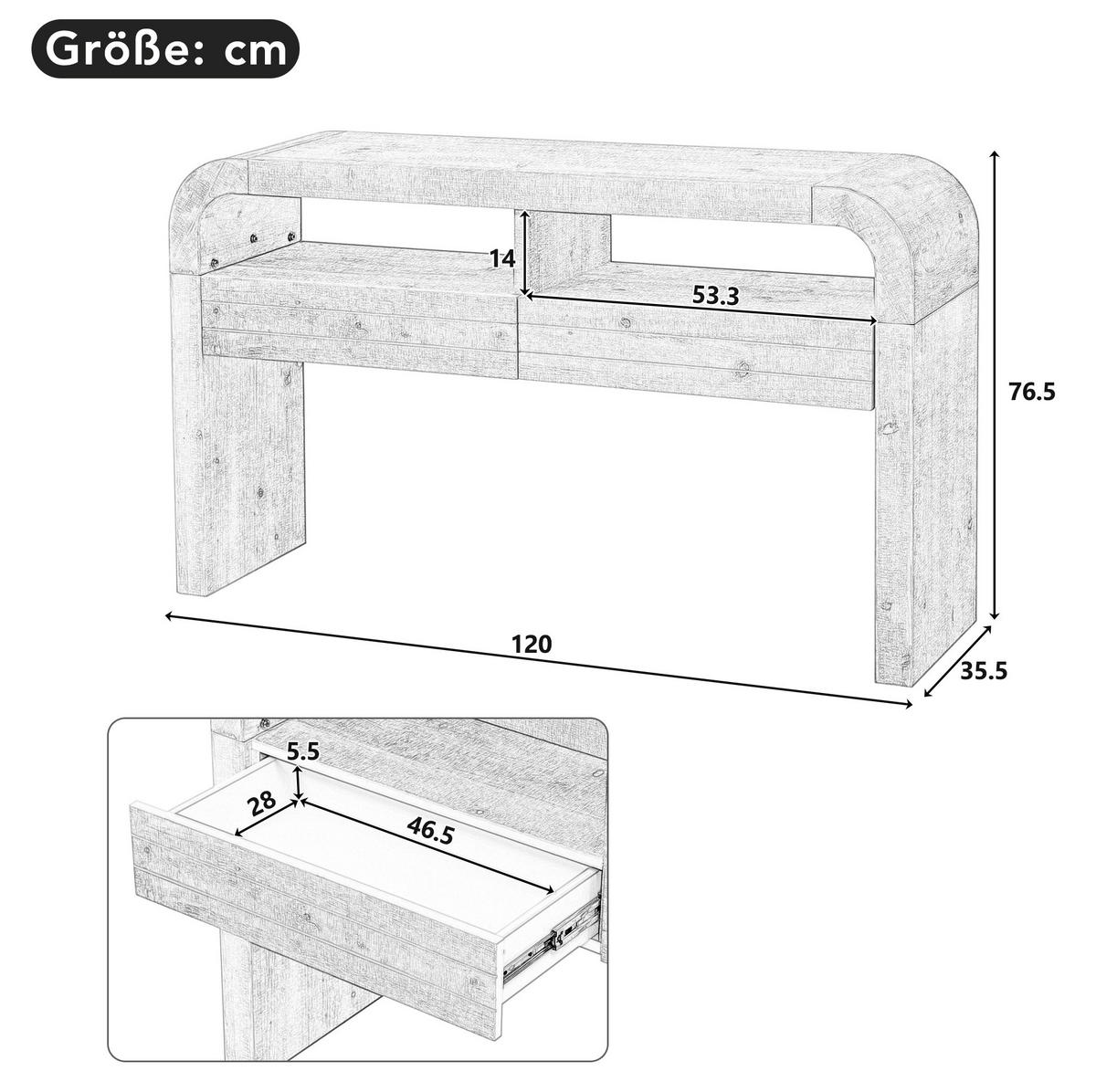 KONSOLENTISCH 120/35,5/76,5 cm natur aus MDF mit 2 Schubladen und verstellbaren Stellfüßen - Naturfarben, Holzwerkstoff (120/35.5/76.5cm) - OKWISH