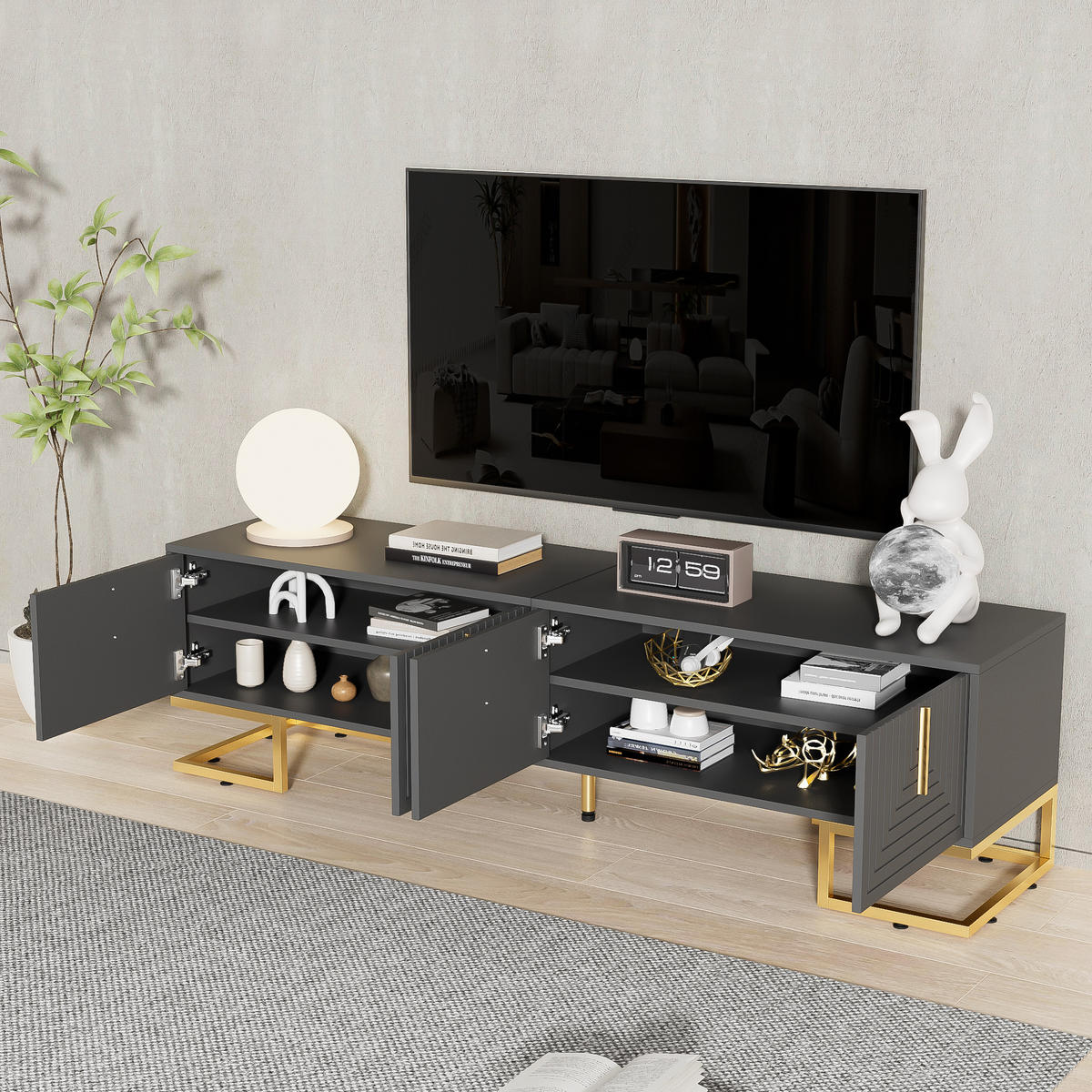 TV-SCHRANK in Grauschwarz mit 4 Türen und goldfarbenen Metallfüßen 170/40/45.5 cm - Grau, Holzwerkstoff (170/45.5/40cm) - Redom