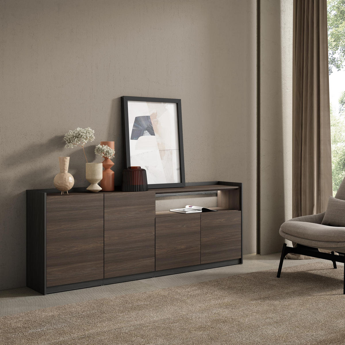 SIDEBOARD, Dunkler Eiche und Schwarz, 207/37/80cm, mit Led - Dunkelbraun, Holzwerkstoff (207/80/37cm) - Skraut Home