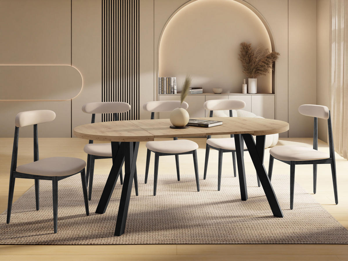 ESSTISCH Vero rund ausziehbar verlängerbar, Eiche Artisan Hellbraun 100-300/100/77 cm - Schwarz/Eiche Artisan, Holz/Holzwerkstoff (100/100/77cm) - WFL GROUP