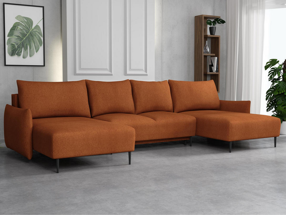 WOHNLANDSCHAFT Santi U - Schwarz/Orange, Holz/Textil (328/88/160cm) - MIRJAN24