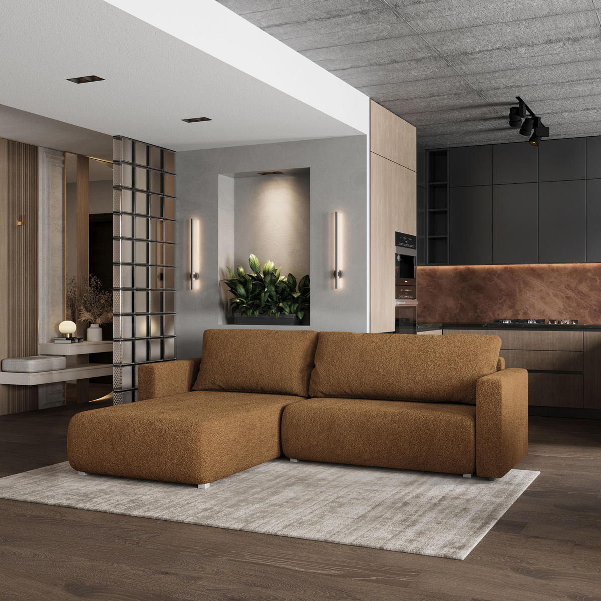 ROHOVÁ SEDAČKA TURIN hnědá - šedá/hnědá, dřevo/textil (265/183cm) - MASSENO