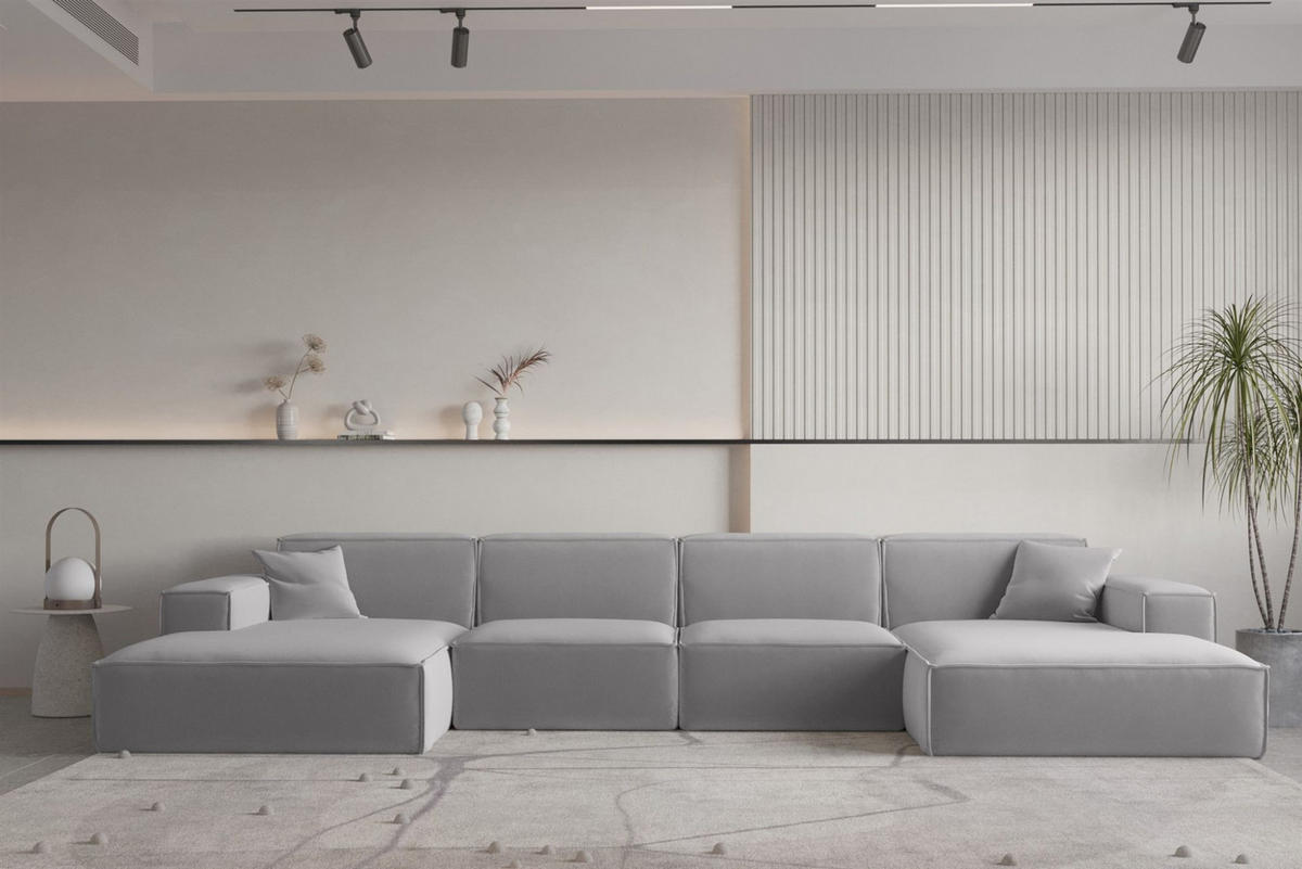 WOHNLANDSCHAFT Celes Premium Opera - Hellgrau, Holzwerkstoff/Textil (379/73/165cm) - Fun Möbel