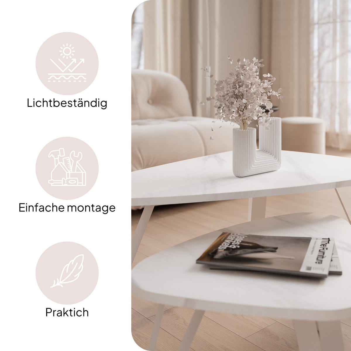 SATZTISCH NOA Stahlgestell, Freiform, Kaschmir / Bianco Marmor - Kaschmir/Weiß, Holzwerkstoff (94/60/42cm) - Idohome