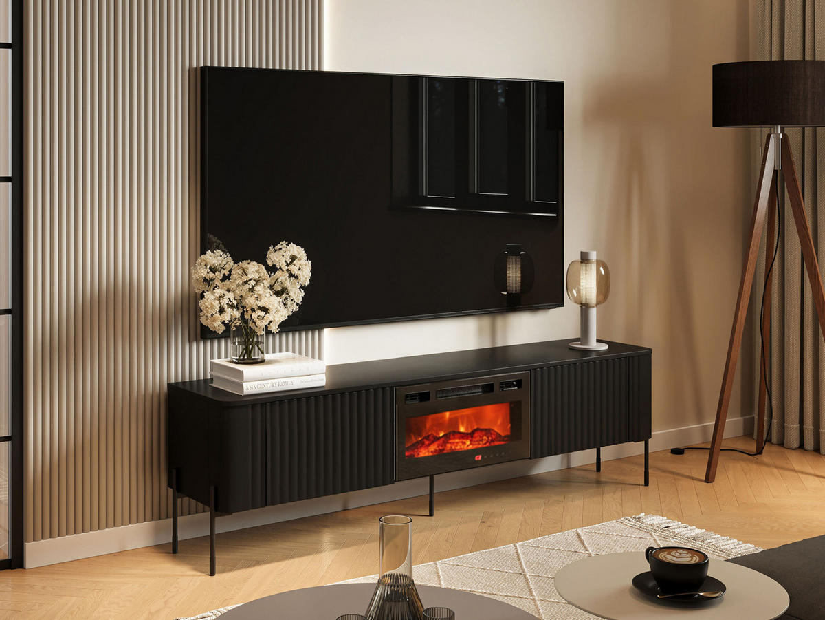TV-LOWBOARD Vera 190 EF mit Kamin - Schwarz, Holzwerkstoff/Metall (190/55/40cm) - MIRJAN24